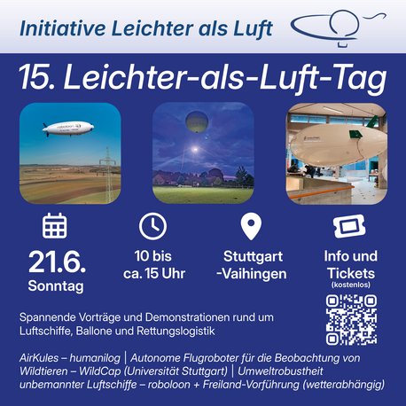 Info-Plakat zum 15. Leichter-als-Luft-Tag. Datum: 21. Juni, Sonntag, von 10 bis ca. 15 Uhr in Stuttgart-Vaihingen. Themen: Vorträge und Demonstrationen zu Luftschiffen, Ballonen und Rettungslogistik. Kostenlose Informationen und Tickets verfügbar. Grafiken von Luftschiffen und Drohnen sind enthalten.