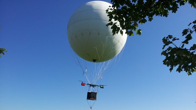 Flugtest LeviSphære Ein großer Gasballon schwebt in einem blauen Himmel. Darunter hängt ein Korb mit einer Antriebseinheit und zwei Propellern.
