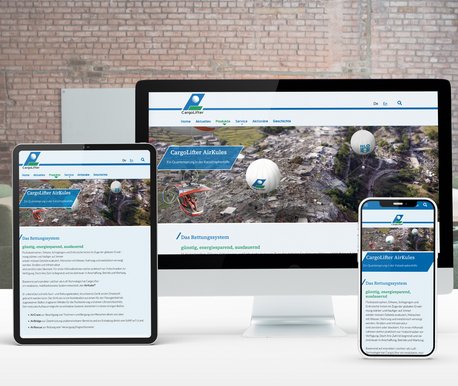 Three devices – a computer, a tablet and a smartphone – display the same website, which features a modern design. The site contains information about services and is optimised for different screen sizes.